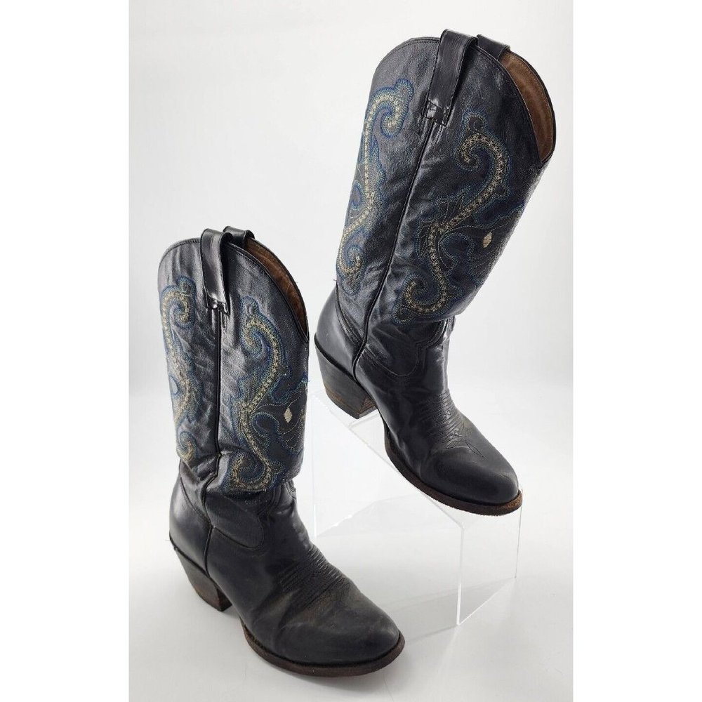 Big Bull Men Cowboy Boots Mexican Leather Corte Vacuno Pig Black Embroided Sz 27